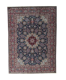 Full view of 1970s Mashad rug from Iran / Persia, 343 × 248 cm in Blue tones