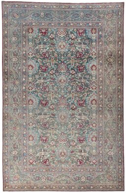 Full view of 1950s Mashad rug from Iran / Persia, 490 × 315 cm in Blue tones