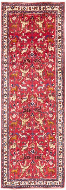 Full view of 1990s Mashad rug from Iran / Persia, 292 × 102 cm in Red tones