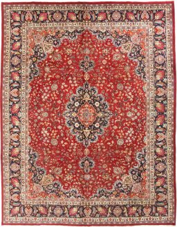 Full view of 2000s Mashad rug from Iran / Persia, 382 × 300 cm in Red tones