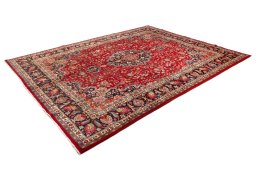 Close-up detail of 2000s Mashad rug from Iran / Persia showing Wool weave
