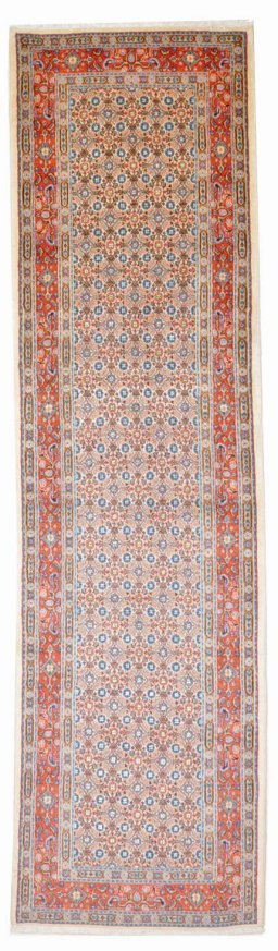 Full view of New Moud rug from Iran / Persia, 290 × 79 cm in Beige tones