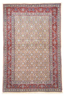 Full view of New Moud rug from Iran / Persia, 148 × 100 cm in Beige tones