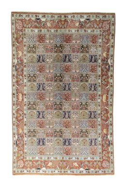Full view of 2000s Moud rug from Iran / Persia, 300 × 187 cm in Red tones