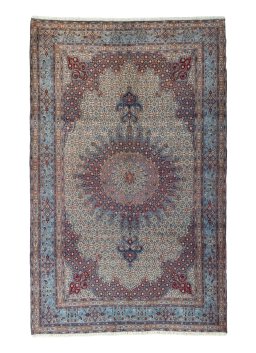 Full view of 2000s Moud rug from Iran / Persia, 315 × 200 cm in Beige tones