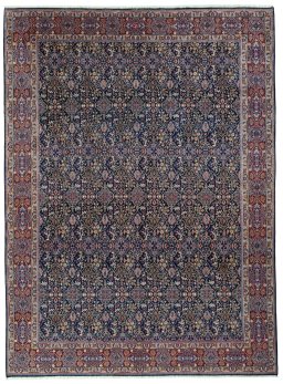 Full view of 1970s Moud rug from Iran / Persia, 338 × 251 cm in Blue tones