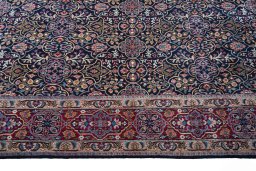 Full view of 1970s Moud rug from Iran / Persia, 338 × 251 cm in Blue tones