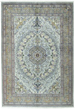 Full view of 2000s Moud rug from Iran / Persia, 290 × 200 cm in Green tones