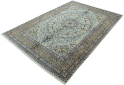 Corner detail of 2000s Moud rug showing border pattern and Wool pile