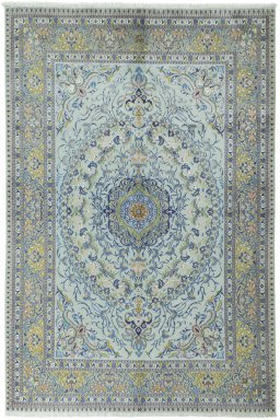 Full view of 2000s Moud rug from Iran / Persia, 290 × 194 cm in Blue tones