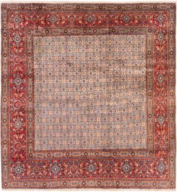 Full view of 1970s Moud rug from Iran / Persia, 253 × 238 cm in Multi Color tones