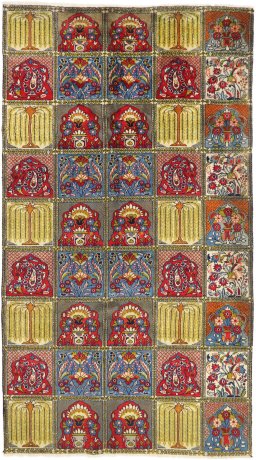 Full view of 1990s Moud rug from Iran / Persia, 280 × 160 cm in Multi Color tones