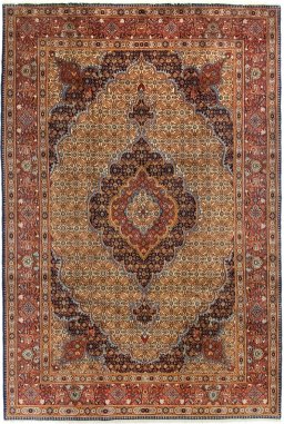 Full view of 2020s Moud rug from Iran / Persia, 302 × 207 cm in Cream tones