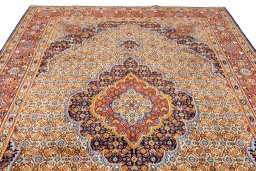 Full view of 2020s Moud rug from Iran / Persia, 302 × 207 cm in Cream tones