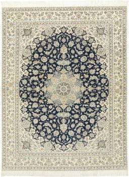 Full view of 1980s Nain rug from Iran / Persia, 393 × 303 cm in Dark blue tones