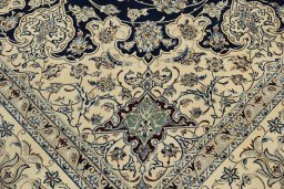 Full view of 1980s Nain rug from Iran / Persia, 393 × 303 cm in Dark blue tones