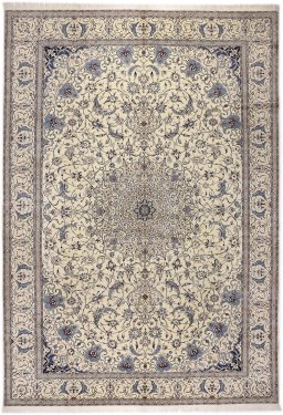 Full view of 1980s Nain rug from Iran / Persia, 439 × 302 cm in Cream tones