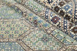 Full view of New Nain rug from Iran / Persia, 402 × 307 cm in Blue tones