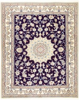 Full view of 1990s Nain rug from Iran / Persia, 240 × 195 cm in Dark blue tones