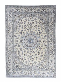 Full view of New Nain rug from Iran / Persia, 349 × 243 cm in Beige tones