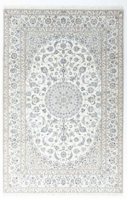 Full view of New Nain rug from Iran / Persia, 318 × 210 cm in Beige tones