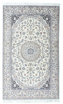 Full view of New Nain rug from Iran / Persia, 243 × 147 cm in Beige tones