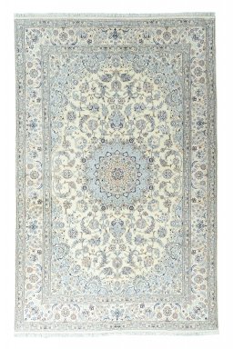 Full view of New Nain rug from Iran / Persia, 306 × 198 cm in Beige tones
