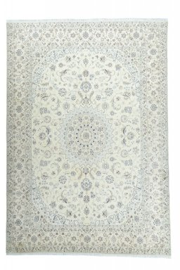 Full view of New Nain rug from Iran / Persia, 415 × 289 cm in Beige tones