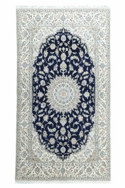 Full view of New Nain rug from Iran / Persia, 268 × 147 cm in Blue tones