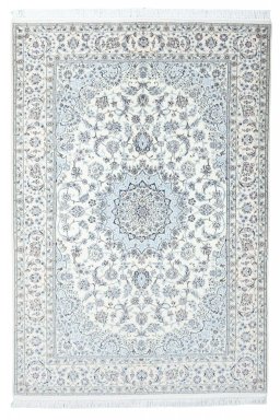 Full view of New Nain rug from Iran / Persia, 226 × 153 cm in Beige tones