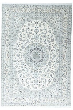 Full view of New Nain rug from Iran / Persia, 376 × 259 cm in Beige tones
