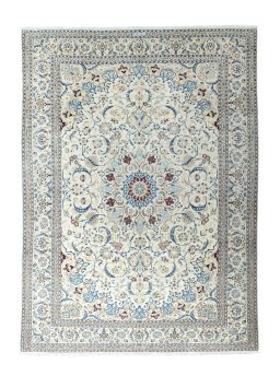 Full view of New Nain rug from Iran / Persia, 407 × 295 cm in Beige tones