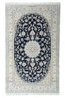 Full view of New Nain rug from Iran / Persia, 205 × 126 cm in Blue tones