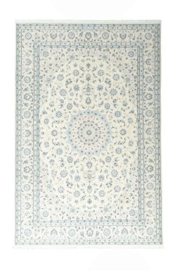 Full view of New Nain rug from Iran / Persia, 302 × 197 cm in Beige tones