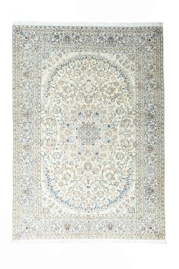 Full view of New Nain rug from Iran / Persia, 296 × 210 cm in Beige tones