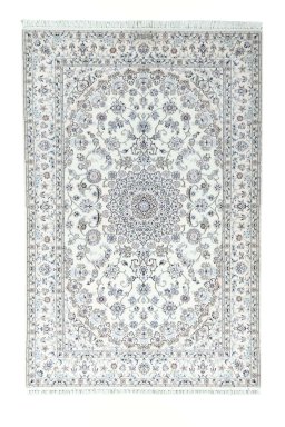 Full view of New Nain rug from Iran / Persia, 243 × 161 cm in Beige tones