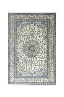 Full view of 2000s Nain rug from Iran / Persia, 389 × 262 cm in Beige tones
