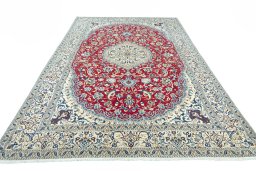 Surface texture of 2000s Nain rug with natural Wool and intricate pattern