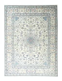 Full view of 2000s Nain rug from Iran / Persia, 405 × 300 cm in Beige tones