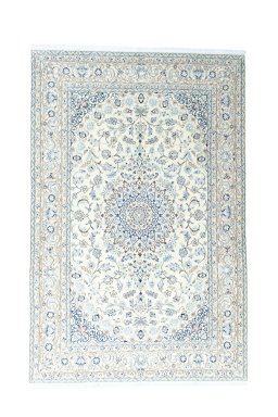 Full view of New Nain rug from Iran / Persia, 302 × 198 cm in Beige tones