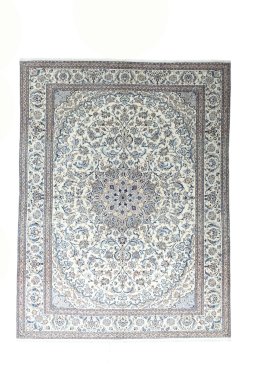 Full view of 2000s Nain rug from Iran / Persia, 387 × 294 cm in Beige tones
