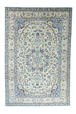 Full view of 2000s Nain rug from Iran / Persia, 367 × 245 cm in Beige tones