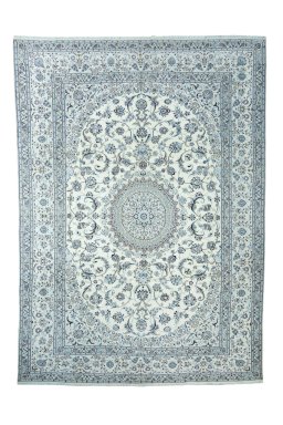 Full view of New Nain rug from Iran / Persia, 408 × 292 cm in Beige tones
