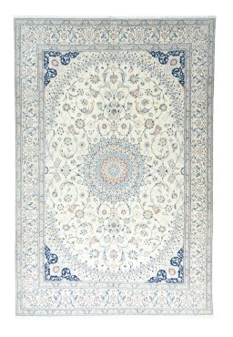 Full view of 2000s Nain rug from Iran / Persia, 375 × 250 cm in Beige tones