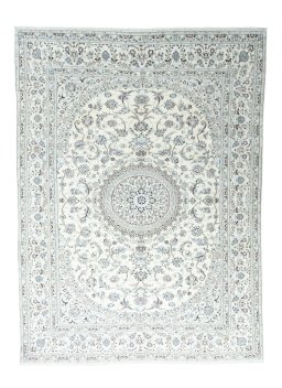 Full view of New Nain rug from Iran / Persia, 384 × 284 cm in Beige tones