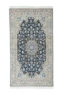 Full view of 1970s Nain rug from Iran / Persia, 204 × 114 cm in Blue tones