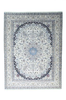 Full view of 2000s Nain rug from Iran / Persia, 435 × 335 cm in Beige tones