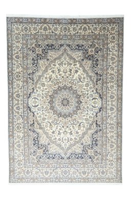 Full view of 2000s Nain rug from Iran / Persia, 368 × 256 cm in Beige tones
