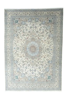 Full view of New Nain rug from Iran / Persia, 439 × 317 cm in Beige tones