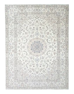 Full view of New Nain rug from Iran / Persia, 337 × 246 cm in Beige tones